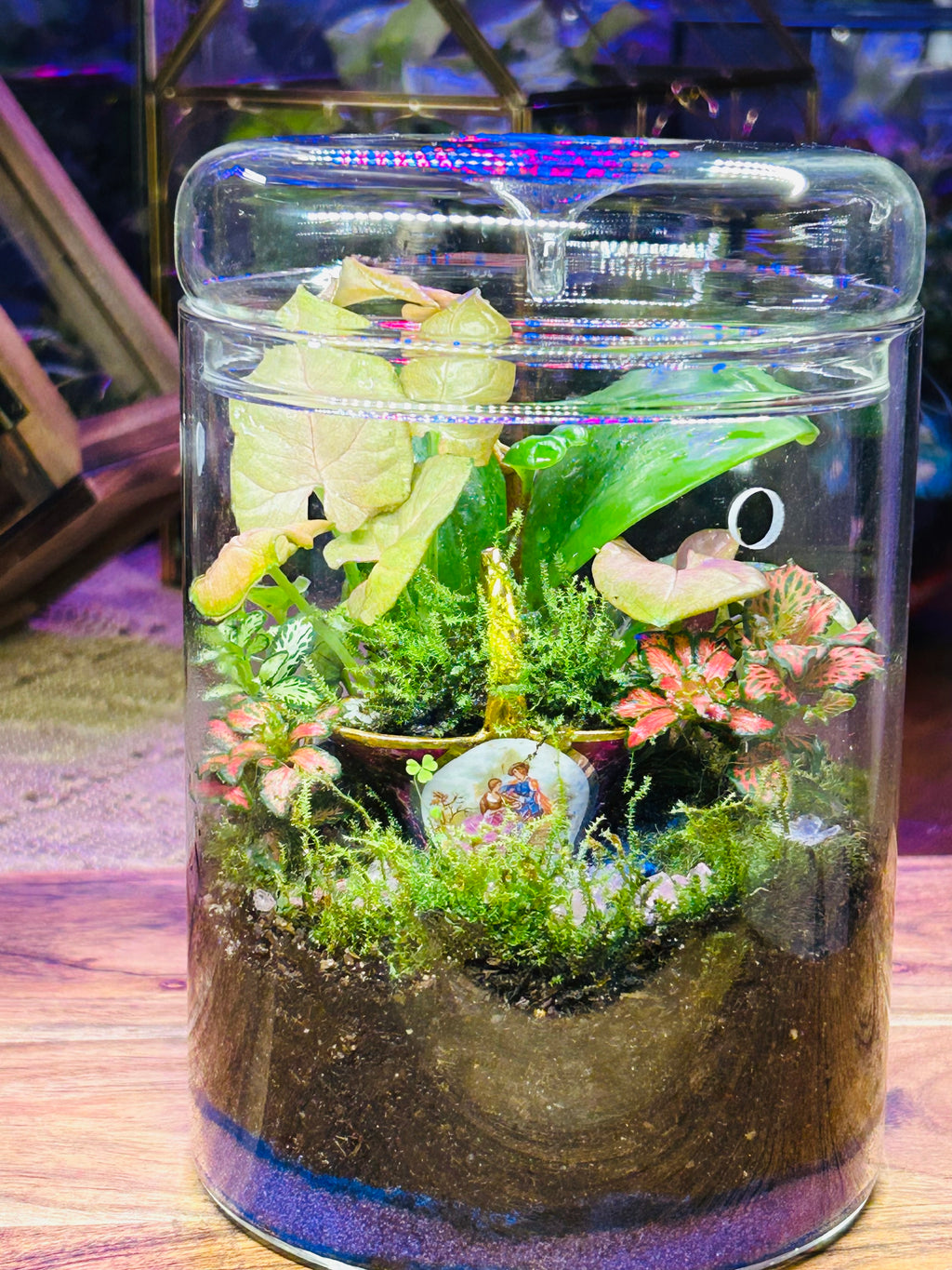 Antique Limoges Porcelain Basket Terrarium with Glowing Pink Pebbles